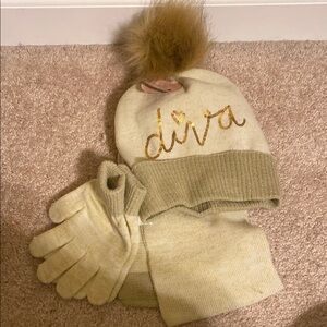 Cream and Gold Pom-Pom Beanie Hat with Fluffy Top